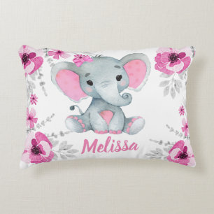 Coussins Décoratifs Fille d'éléphant rose turquoise Nom personnalisé C