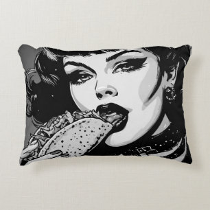 Coussins Décoratifs Fille gothique de style graphique BW 50s mangeant