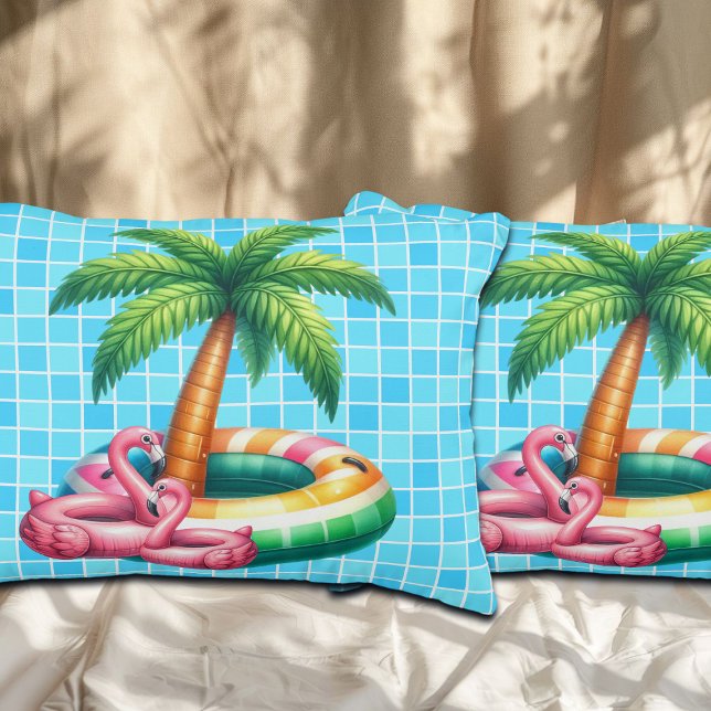 Coussins Décoratifs Flamant rose de la piscine de palmiers (Créateur téléchargé)
