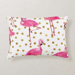 Coussins Décoratifs Flamants roses, points dorés, aquarelle.