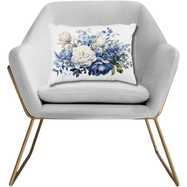 Coussins Décoratifs Fleurs Florales Bleues Blancs Aquarelle Élégante (Blue White Floral Flowers Watercolor Accent Pillow. Lumbar Rectangular Pillow. Bedroom Pillow)