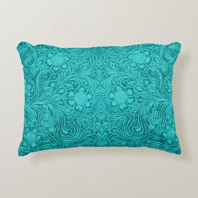 Coussins Décoratifs Floral en cuir turquoise Faux Motif (Devant)