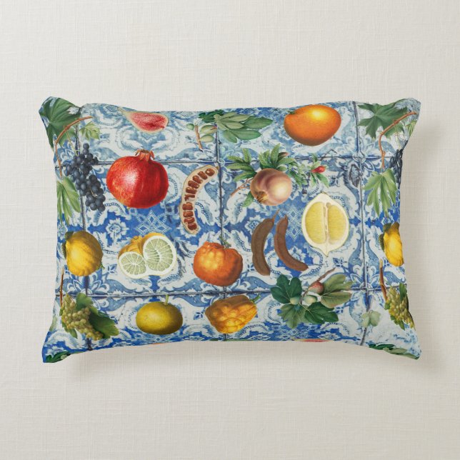 Coussins Décoratifs Fruits d'été méditerranéens & Mosaïque Bleue Blanc (Devant)