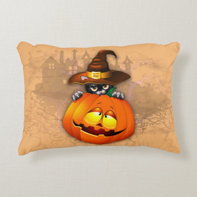 Coussins Décoratifs Halloween Cute Kitty Witch et ami Citrouille (Devant)