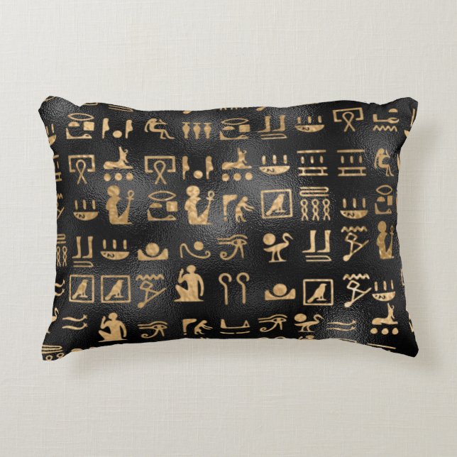 Coussins Décoratifs Hiéroglyphes d'Égypte or sur noir (Devant)