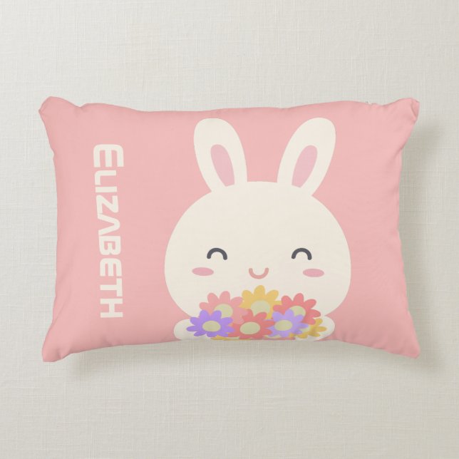 Coussins Décoratifs Joli Petit Lapin Cartoon & Fleurs Pour Filles Rose (Devant)