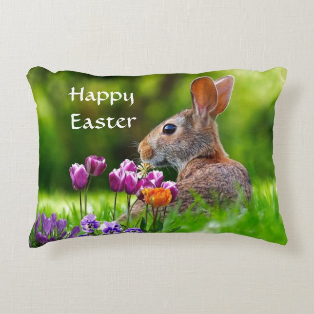 Coussins Décoratifs Lapin et Tulipes heureux Pâques (Devant)