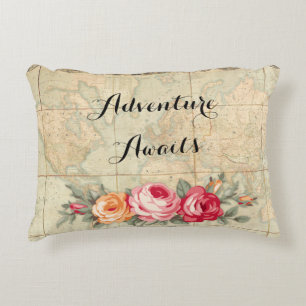 Coussins Décoratifs L'aventure Attend Carte du Monde Vintage Roses