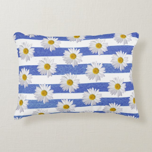 Coussins Décoratifs marguerite blanche sur bande d'aquarelle bleue (Devant)