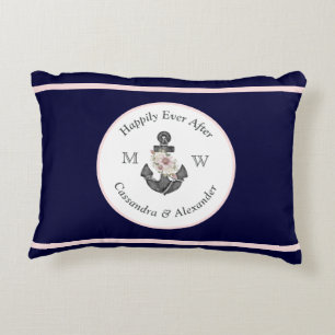Coussins Décoratifs Mariage nautique fleurs ancre bleu marine rose