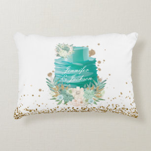 Coussins Décoratifs Mariage turquoise blanc faux or nom personnalisé
