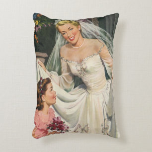 Coussins Décoratifs Mariage Vintage, Mariée Rétro avec Fille aux Fleur
