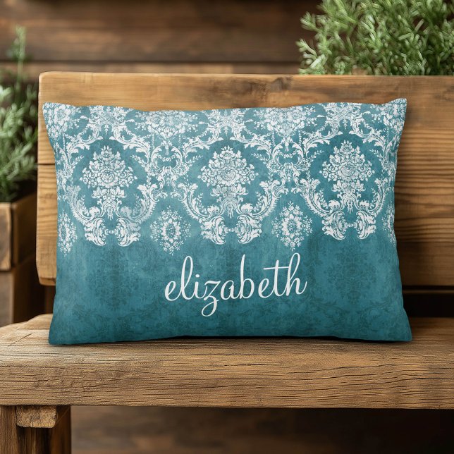 Coussins Décoratifs Modèle de Damas gris turquoise Texte personnalisé (Custom Pillow)