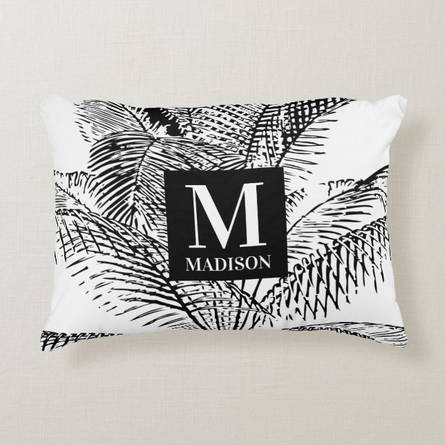 Coussins Décoratifs Monogramme Abstrait Feuille noir et blanc Palm Tre (Devant)