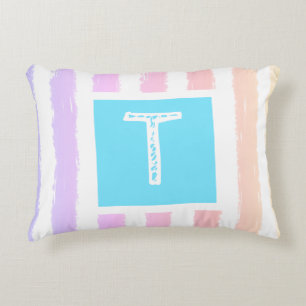 Coussins Décoratifs Monogramme bleu rose aquarelle rayures