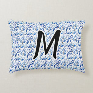 Coussins Décoratifs Monogramme d'art fin en mosaïque de feuilles bleue