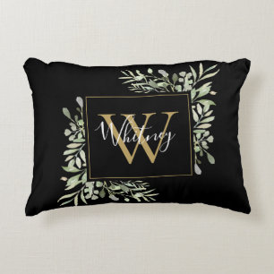 Coussins Décoratifs Monogramme d'or noir personnalisé Vert Floral