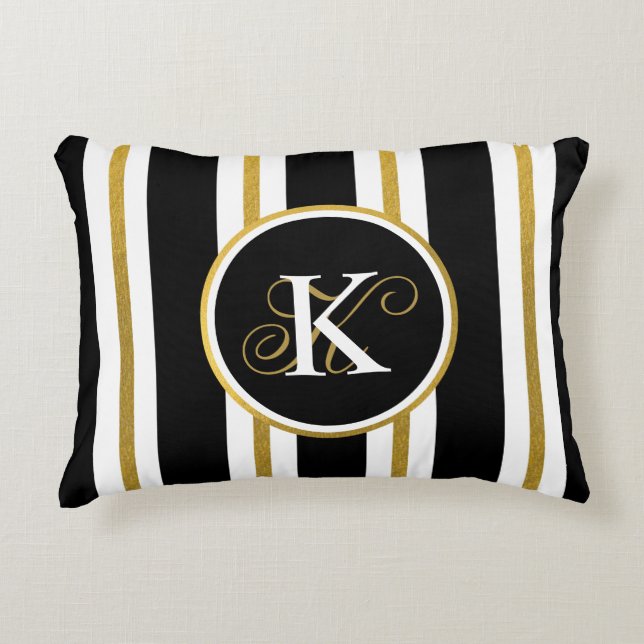 Coussins Décoratifs Monogramme Elégant Noir & Or Personnalisé (Devant)