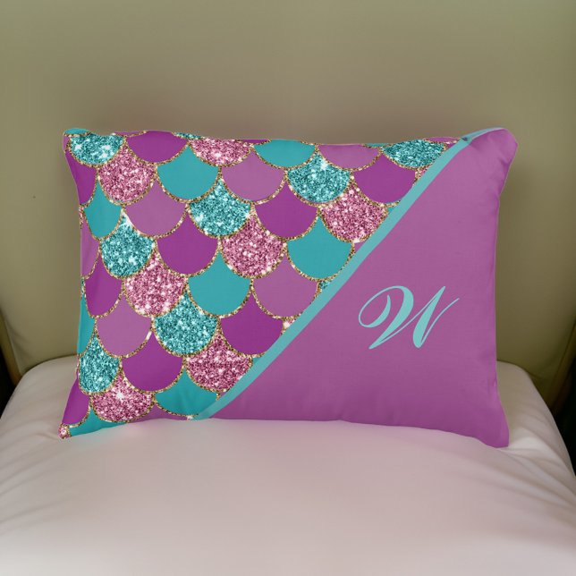 Coussins Décoratifs Monogramme Magenta Purple Pink Turquoise Sirène Ét (Créateur téléchargé)