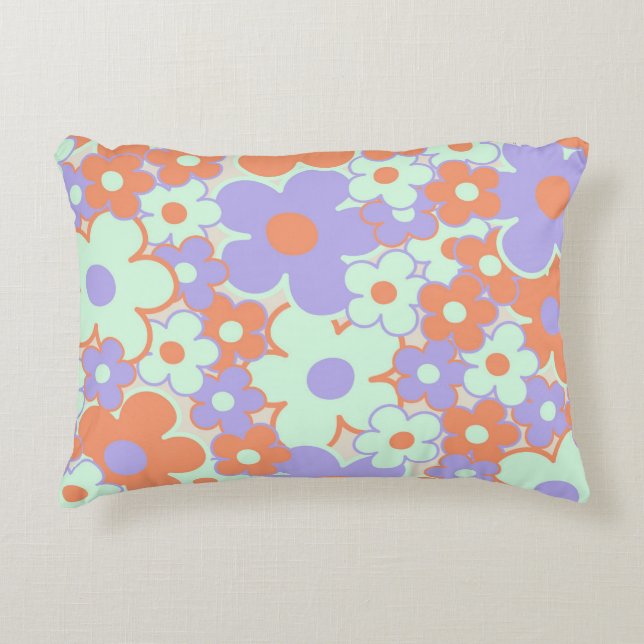 Coussins Décoratifs Motif Fleur Rétro Années 70 Y2K Bleu Violet Orange (Devant)