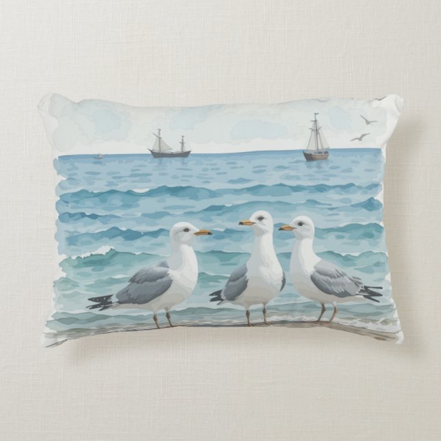 Coussins Décoratifs Mouettes d'aquarelle à la plage Océan côtier (Devant)