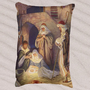 Coussins Décoratifs Noël vintage Crèche, 3 Bergers et Jésus