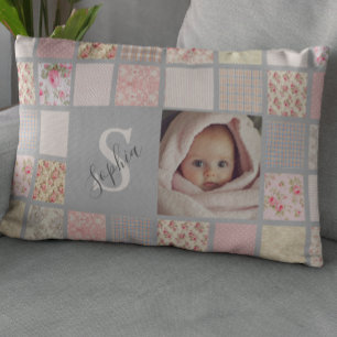 Coussins Décoratifs Nom de photo personnalisé Monogramme Patchwork Ros
