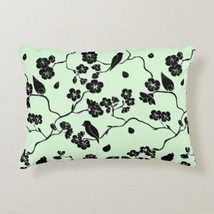 Coussins Décoratifs Oiseaux sur fleurs de cerisier noir sur vert menth