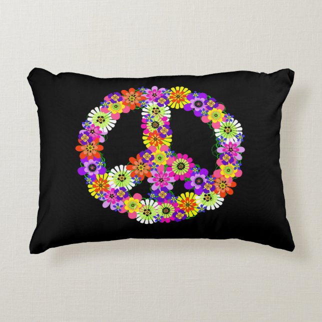 Coussins Décoratifs Panneau de paix Floral sur noir (Devant)