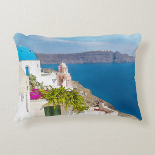 Coussins Décoratifs Paradis Grec. Peinture d'aquarelle de Santorini