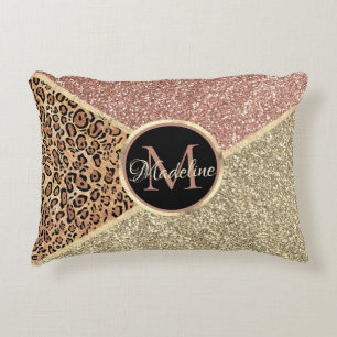 Coussins Décoratifs Parties scintillant en or Rose rayé Leopard Monogr