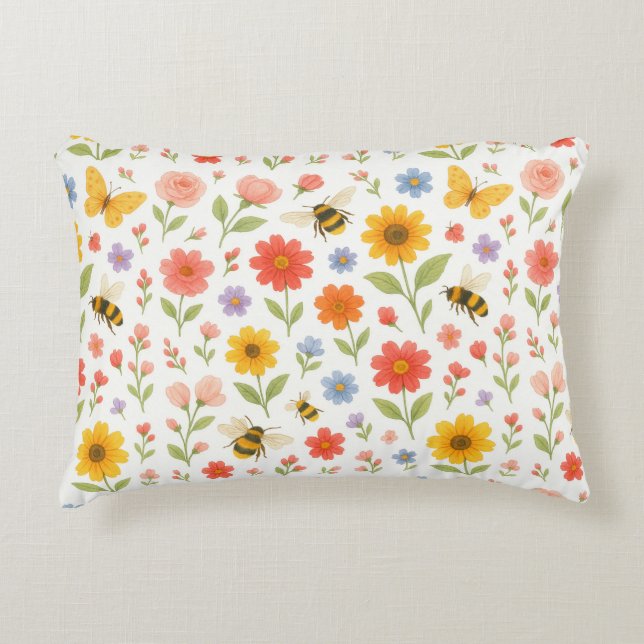 Coussins Décoratifs Pink Orange Yellow Floral and Bee Pattern  (Devant)
