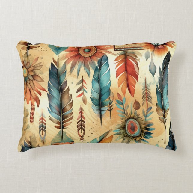Coussins Décoratifs Plumes bleues de la tribu Aztec Boho (Devant)