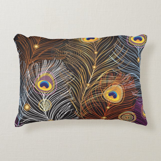Coussins Décoratifs Plumes de paon doré : motif foncé. (Devant)