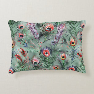 Coussins Décoratifs Plumes de paon vert rouge  