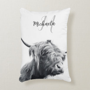 Coussins Décoratifs Portrait de vache Highland premier monogramme noir