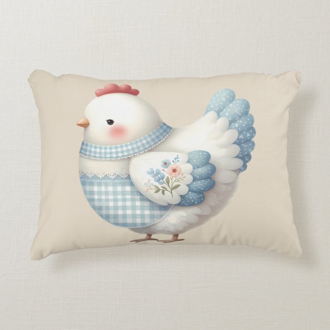 Coussins Décoratifs Poule de Cottage en Gingham Bleu (Devant)