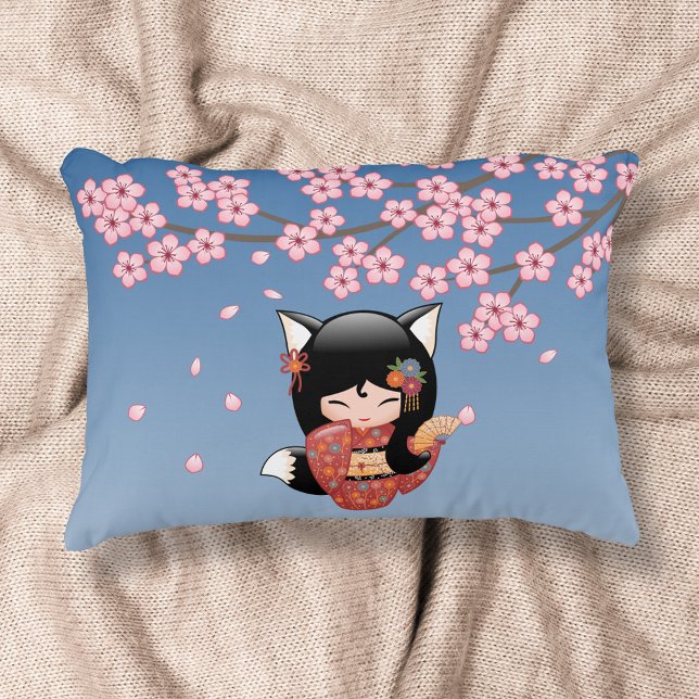 Coussins Décoratifs Poupée Kitsune Kokeshi - Black Fox Geisha Girl (Créateur téléchargé)