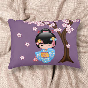 Coussins Décoratifs Poupée Maiko Kokeshi - Fille Geisha en Kimono Bleu