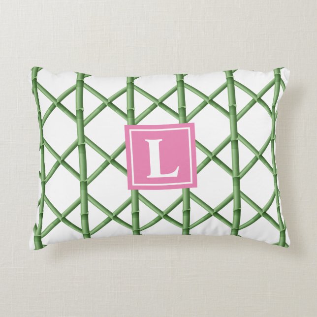 Coussins Décoratifs Preppy Green Trellis Bamboo Motif Monogramme (Devant)