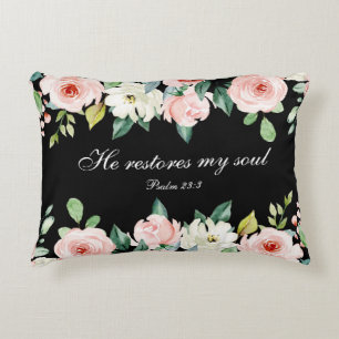 Coussins Décoratifs Psaume 23:3 Il rétablit mon âme Bible Verse & Rose