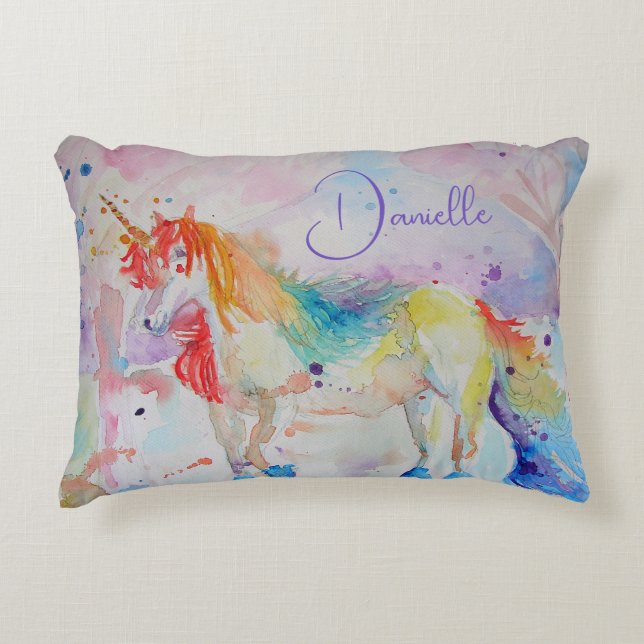 Coussins Décoratifs Rainbow Unicorn Aquarelle Girls Nom Cushion (Devant)