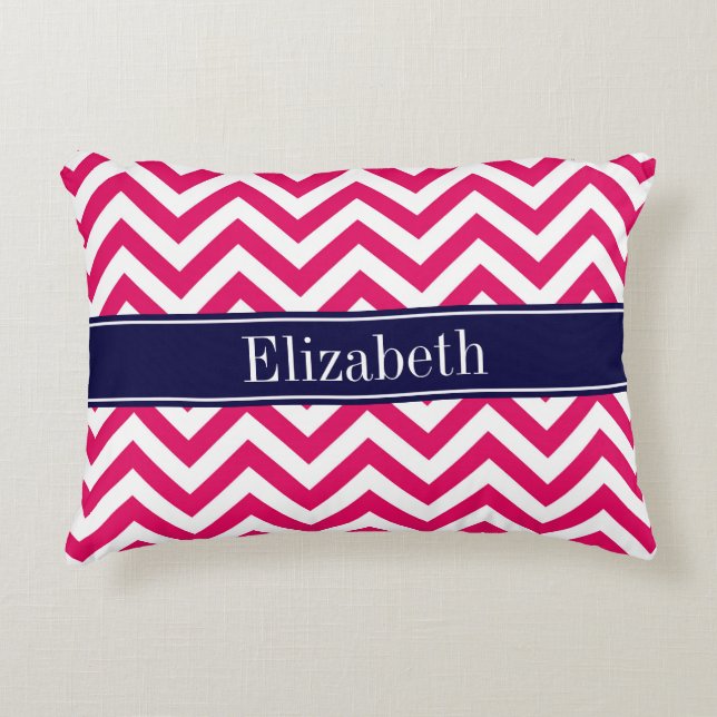 Coussins Décoratifs Raspberry Lg Chevron Marine Nom bleu Monogramme (Devant)