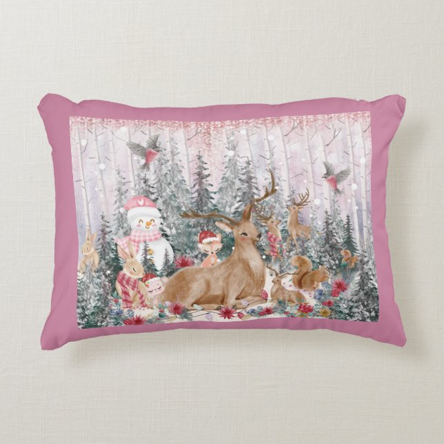Coussins Décoratifs Rinder d'aquarelle rose, Snowman Joyeux Noël (Devant)
