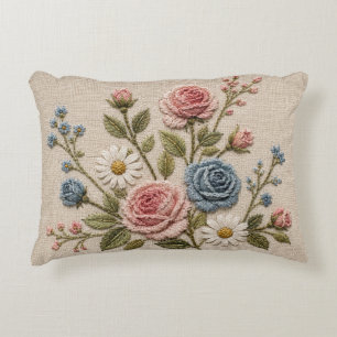 Coussins Décoratifs Roses Brodées Blush & Bleu