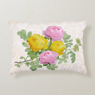 Coussins Décoratifs Roses victoriennes vintage sur damas jaune pastel 