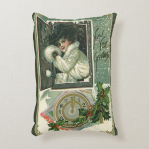 Coussins Décoratifs Salutations du Nouvel An vintage, Fenêtre de Fille