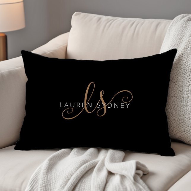 Coussins Décoratifs Script féminin Black Gold moderne Monogramme (Créateur téléchargé)