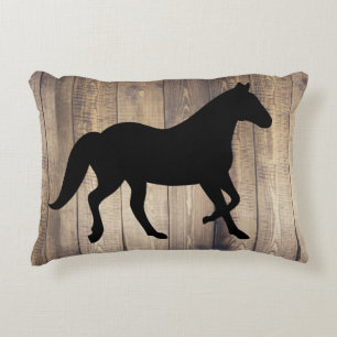 Coussins Décoratifs Silhouette du Cheval noir et plannettes en bois ru