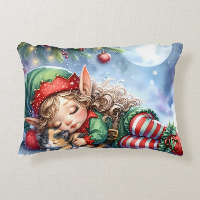 Coussins Décoratifs Sleeping Christmas Elf with Calico Kitten (Devant)